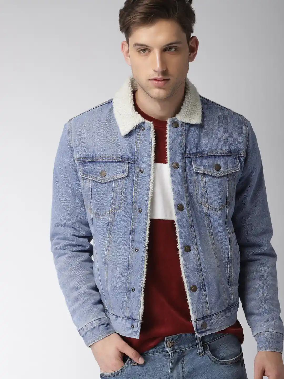 Buy FOREVER 21 Men Blue Solid Denim Jacket with a Faux Fur Detail