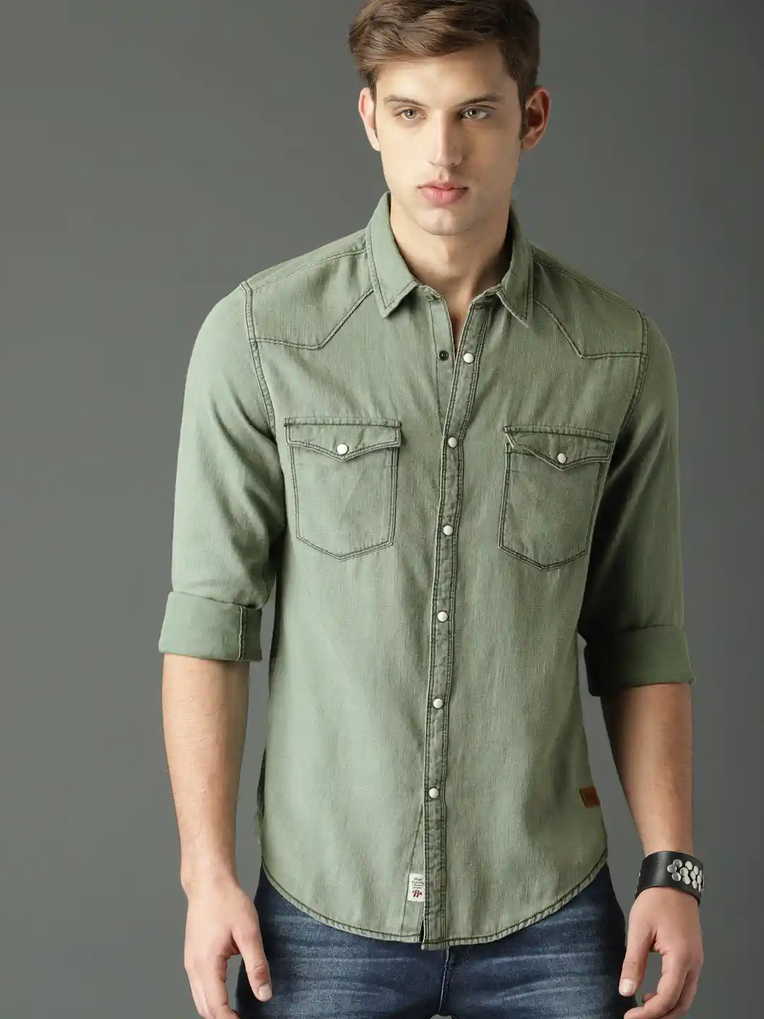 Buy Roadster Men Olive Green Solid Chambray Shirt Shirts for Men