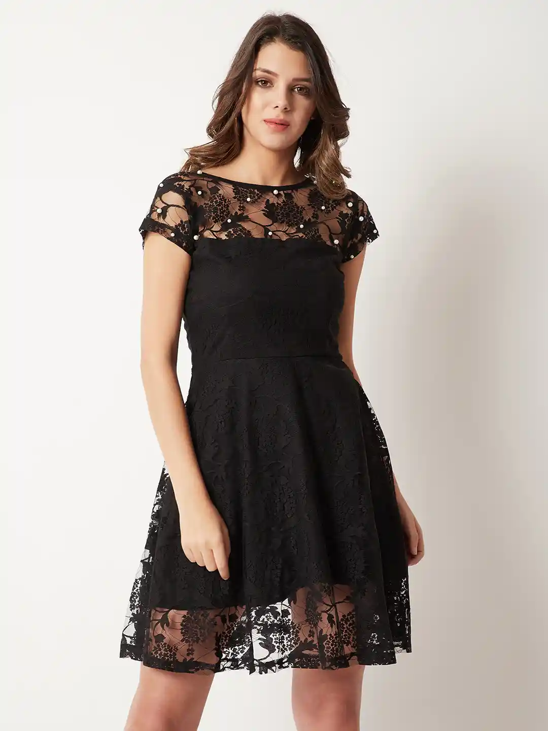 Lace Black Short Sleeve Fit And Flare Dress Buy Online FOCUS By