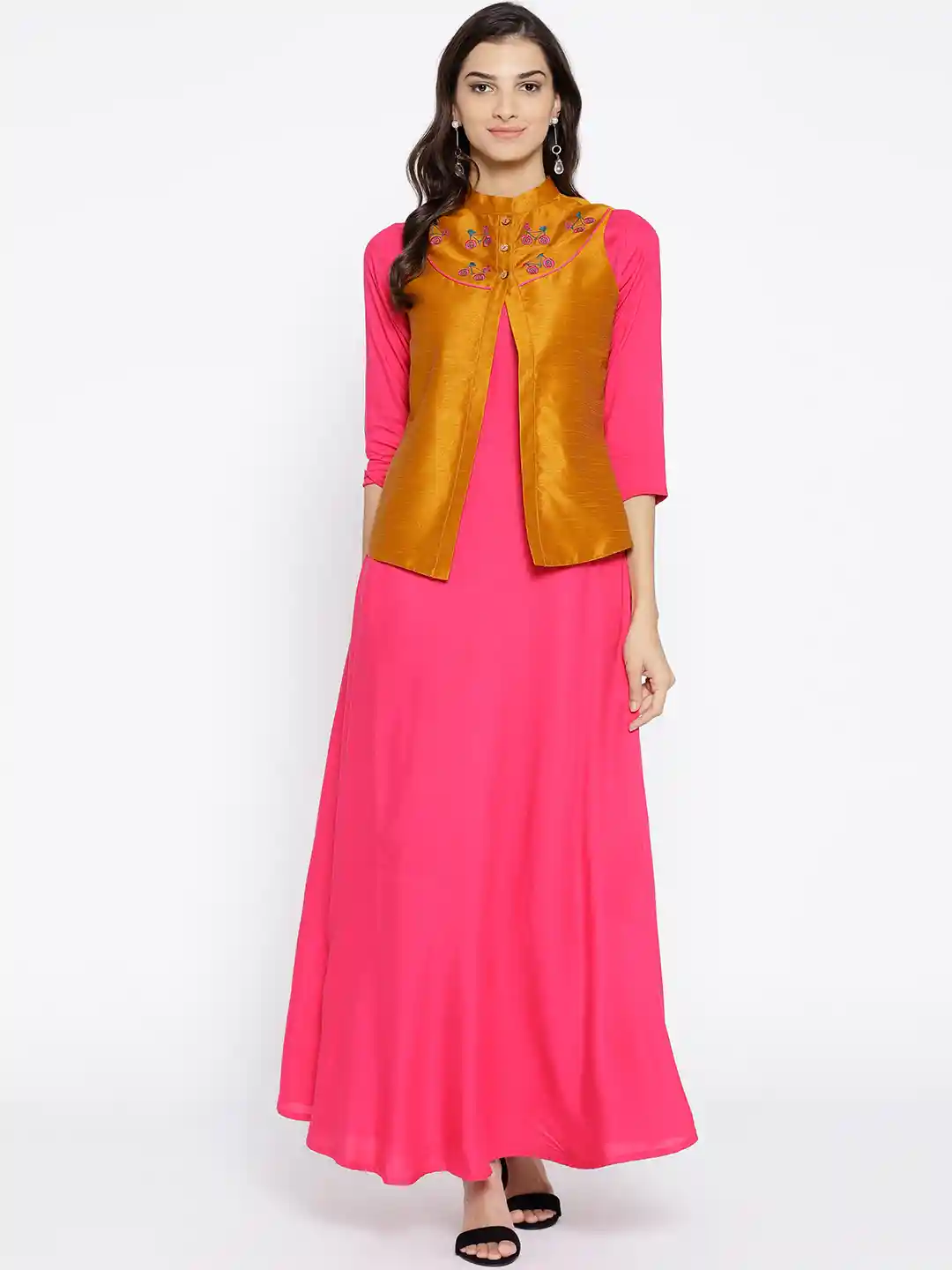 Buy Athena Women Pink Solid Maxi Dress With Ethnic Jacket