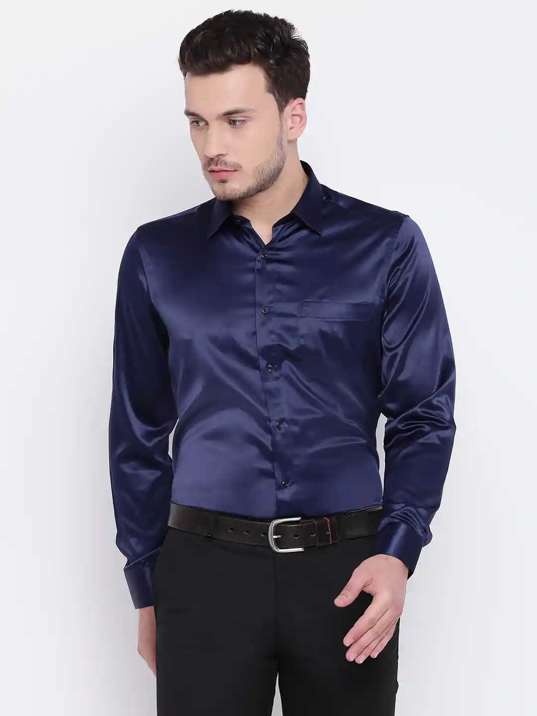 Buy Blackberrys Men Navy Blue Satin Finish Slim Fit Solid Party