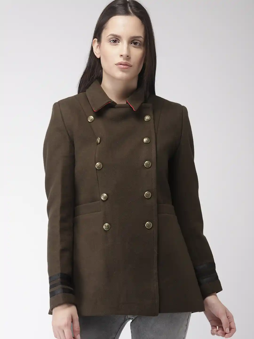 Buy Madame Women Olive Green Solid Pea Coat Coats for Women