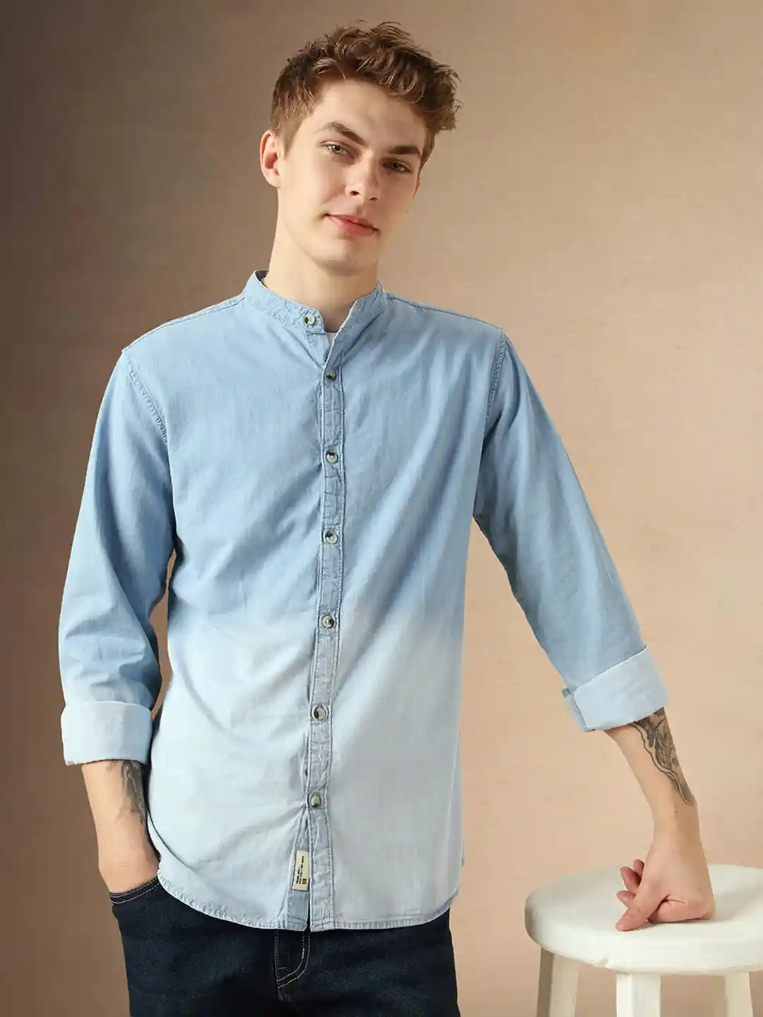 Buy Dennis Lingo Men Blue Modern Slim Fit Faded Casual Chambray
