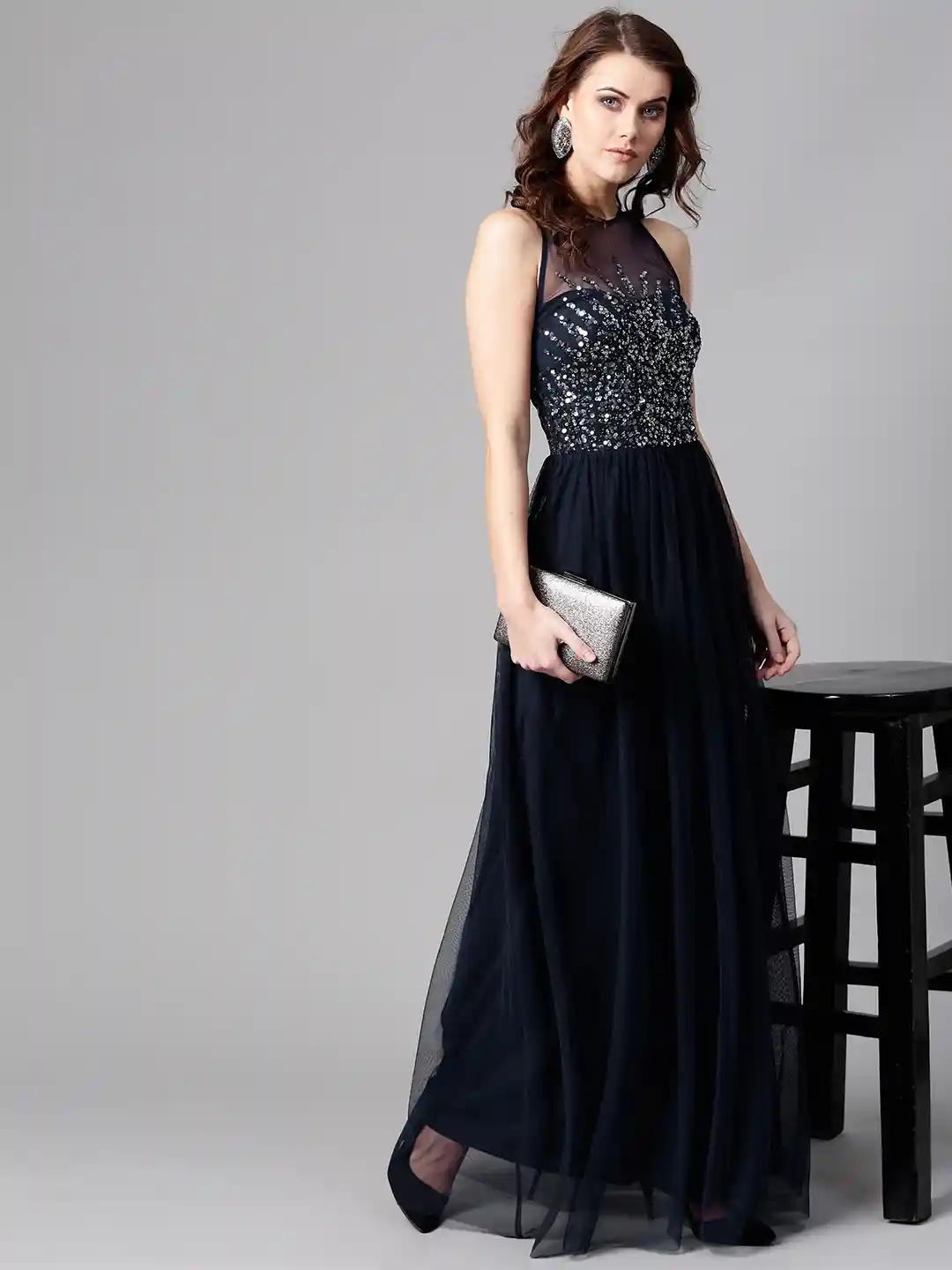 Buy STREET Women Navy Blue Embellished Detail Net Maxi Dress