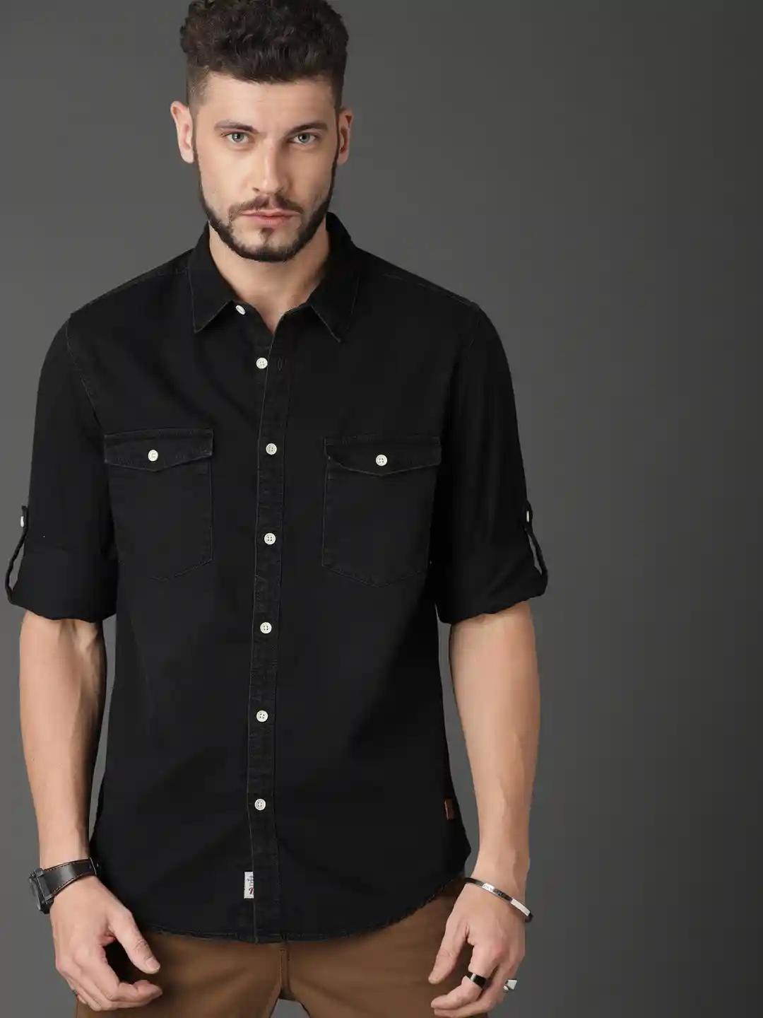 Buy Roadster Men Black Regular Fit Solid Casual Denim Shirt - Main Image