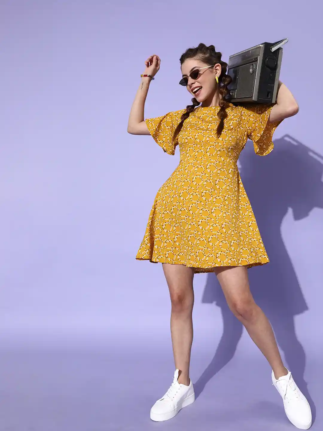 Buy DressBerry Women Stylish Mustard Floral 70s Mini Dress