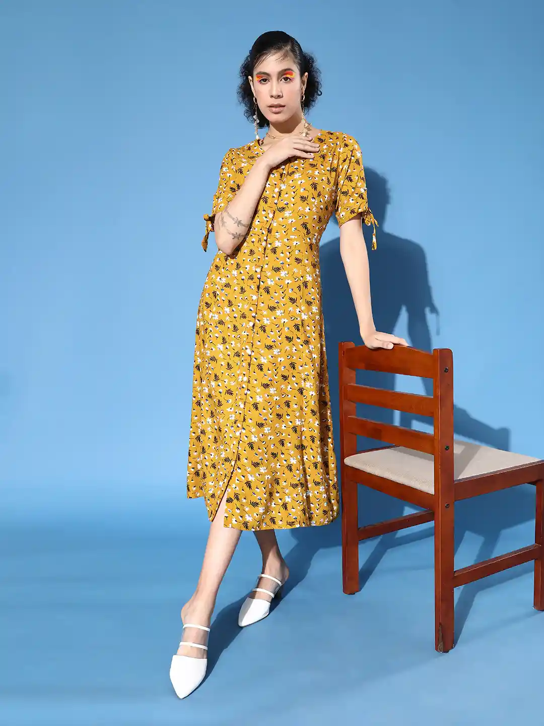 Buy DressBerry Women Stylish Mustard Floral Sun Dress Dresses