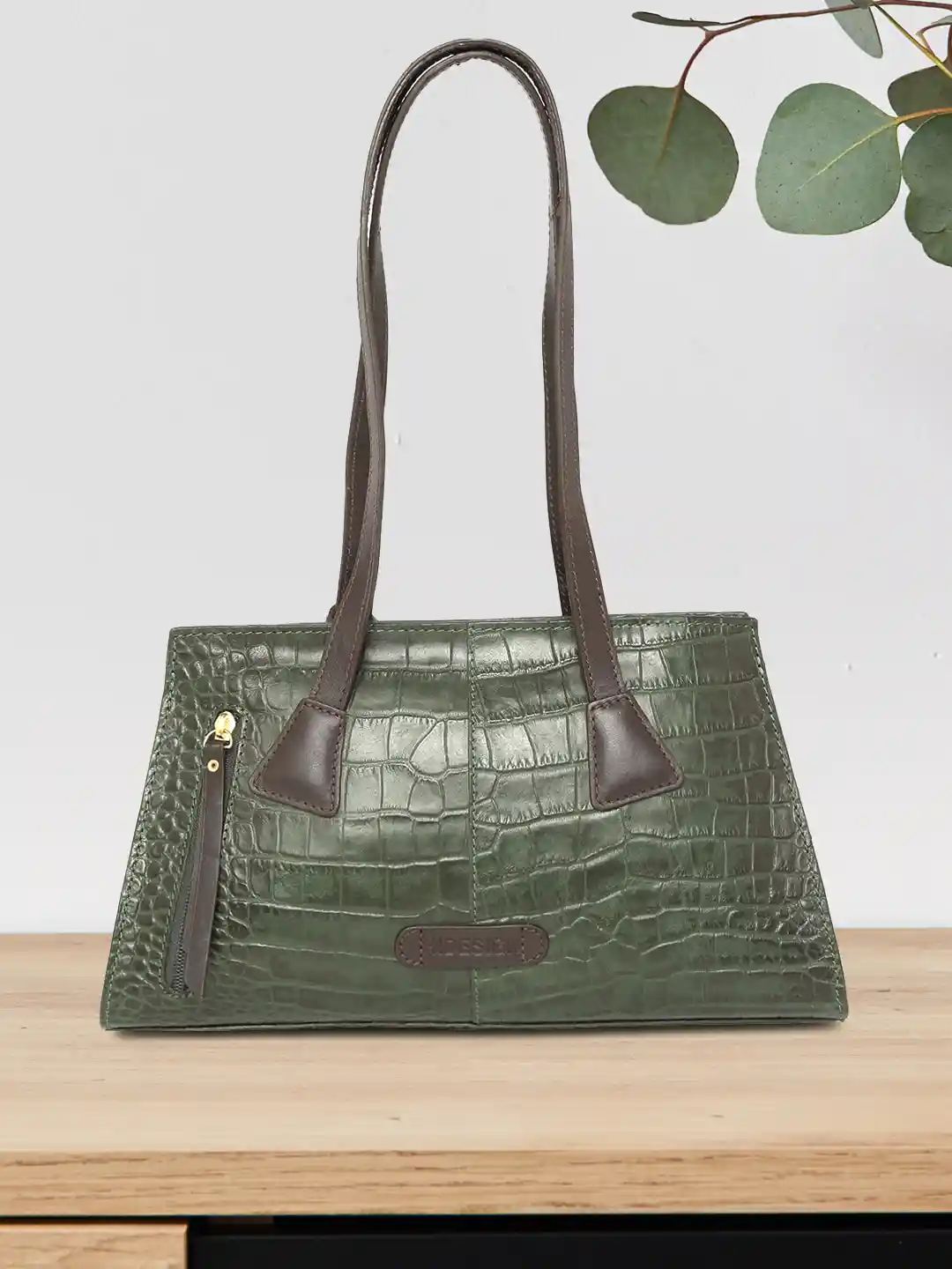 Hidesign Olive Green Leather Croc Textured Shoulder Bag