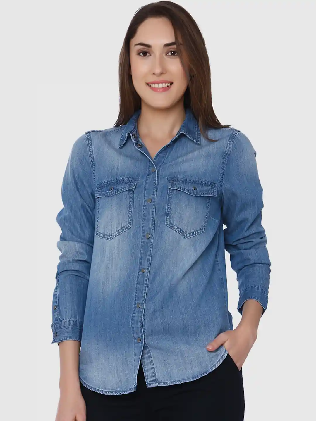 Buy Vero Moda Women Blue Regular Fit Faded Denim Casual Shirt