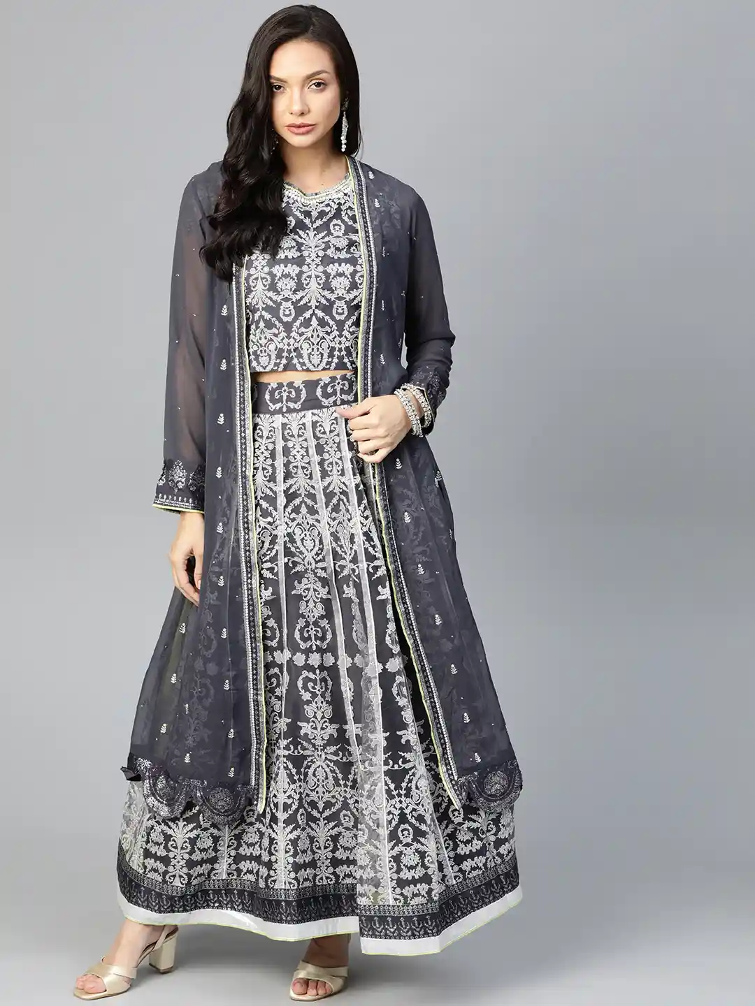 Buy WISHFUL by W Women Grey White Printed Crop Top with Skirt