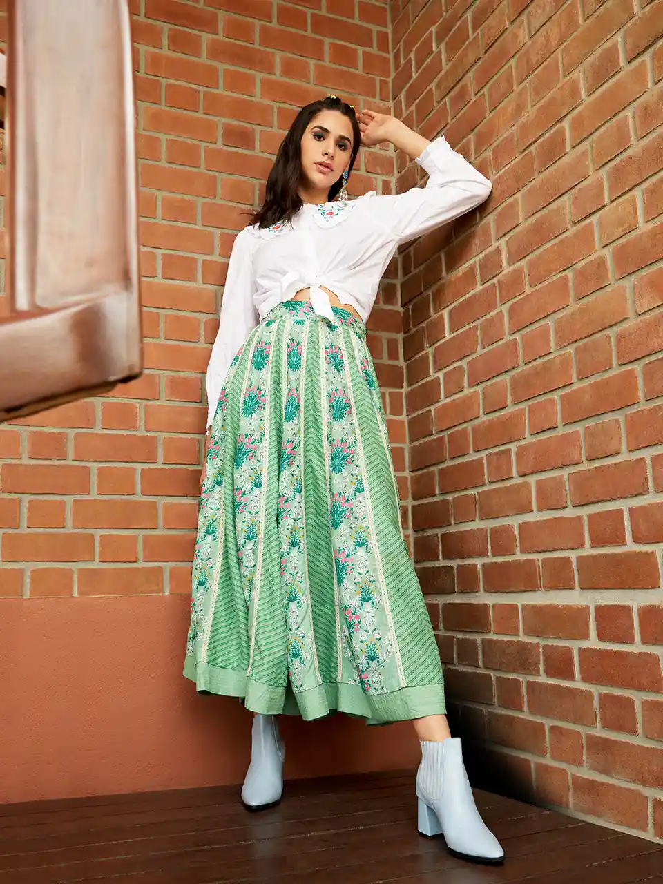 W Green Pink Printed Midi A-Line Skirt