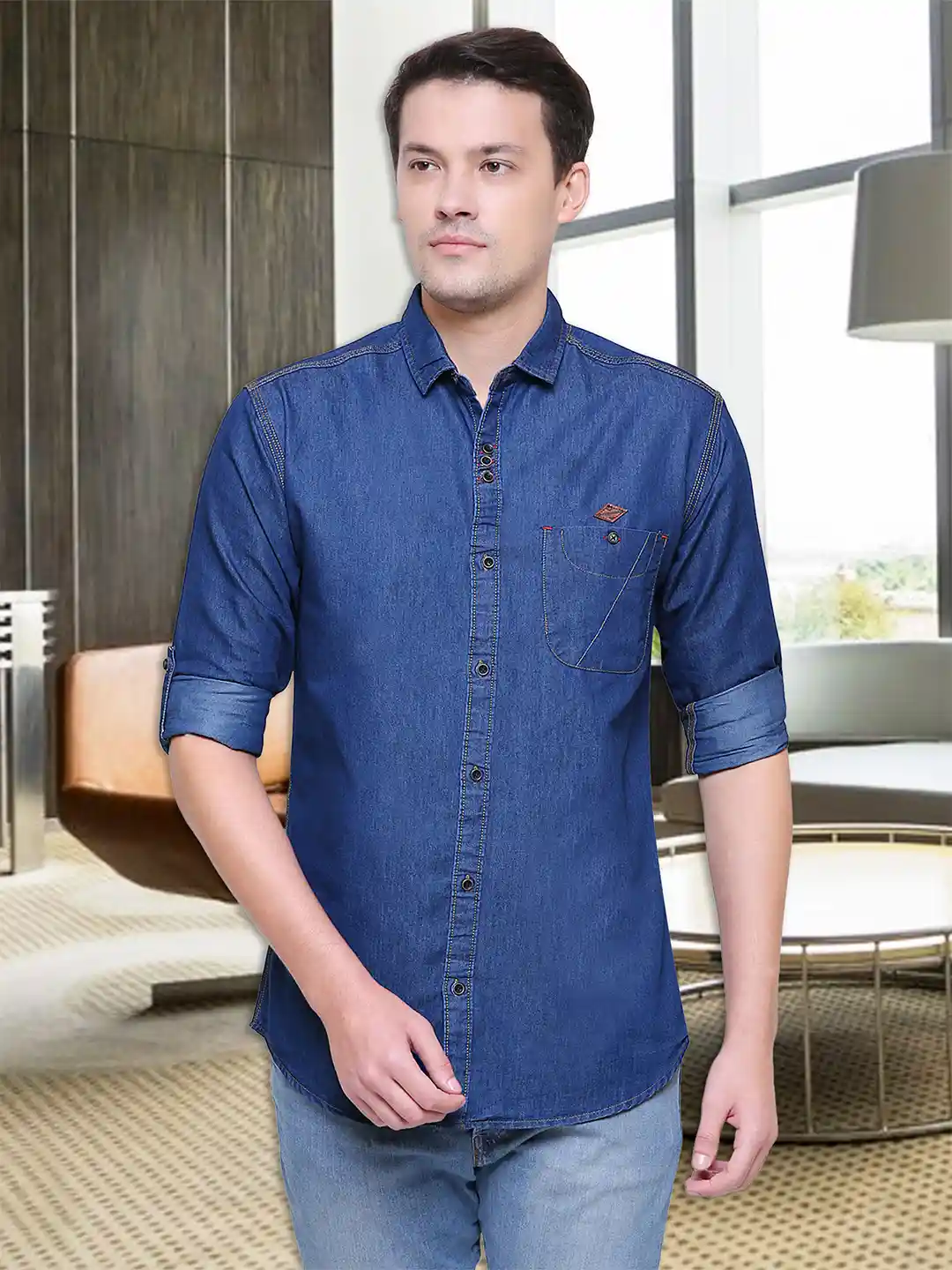 Buy Kuons Avenue Men Blue Custom Slim Fit Solid Casual Denim Shirt