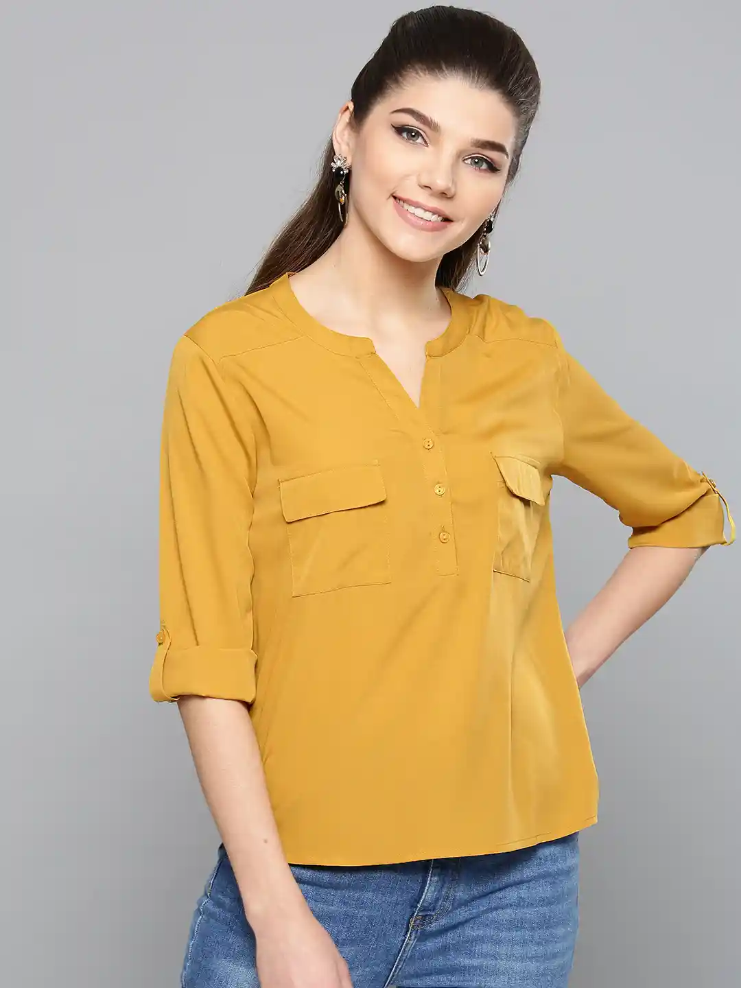 Buy Harpa Women Mustard Yellow Solid Top Tops for Women 8485225