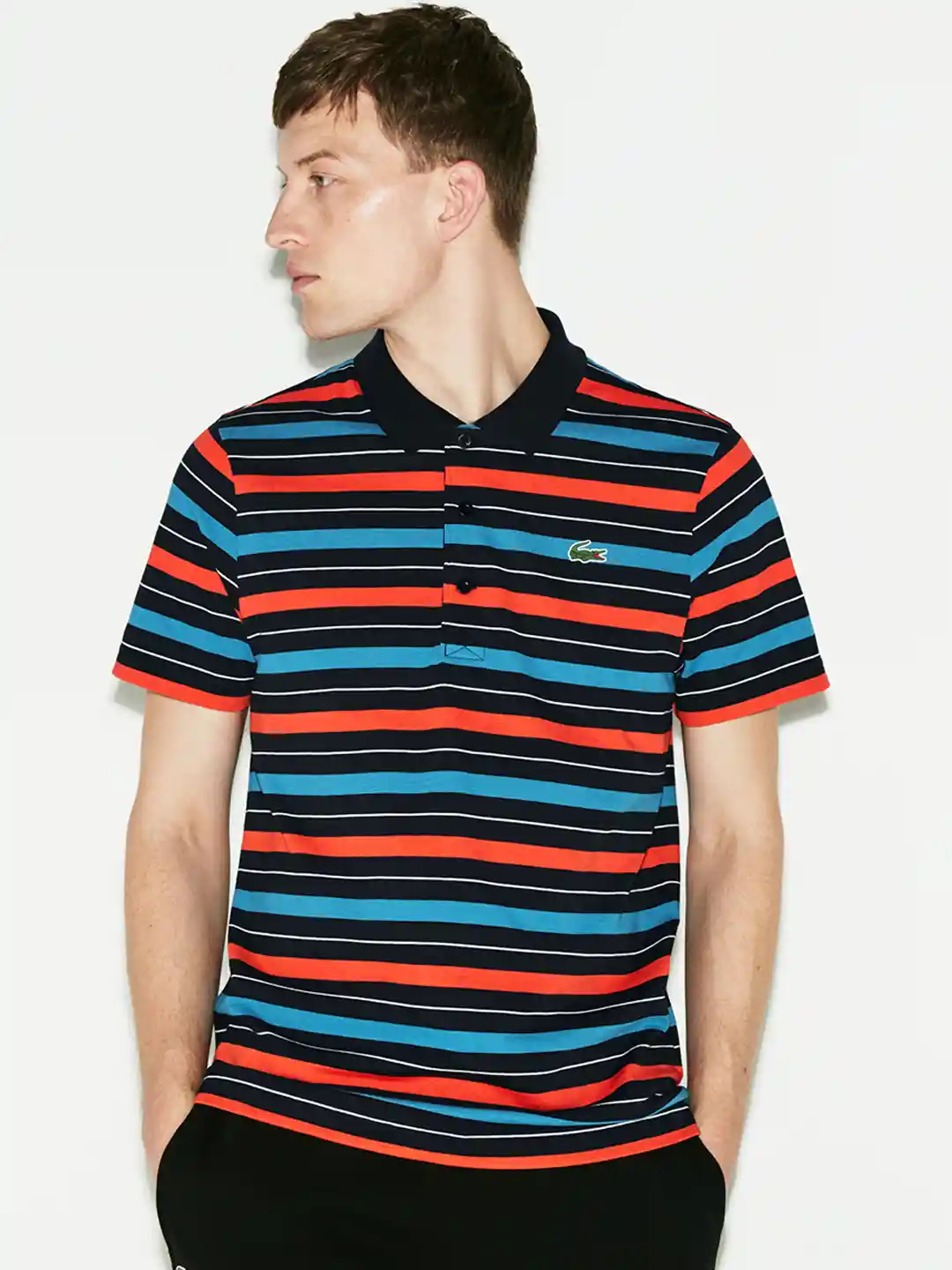 Buy Lacoste Men Black Red Striped Polo Collar Pure Cotton T-shirt