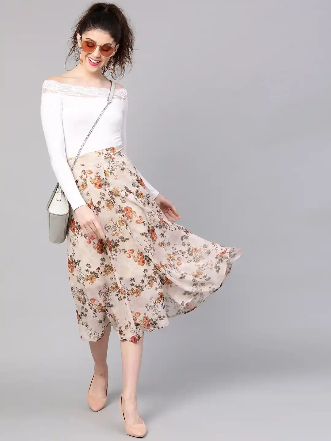 SASSAFRAS Beige Orange Printed A-Line Skirt