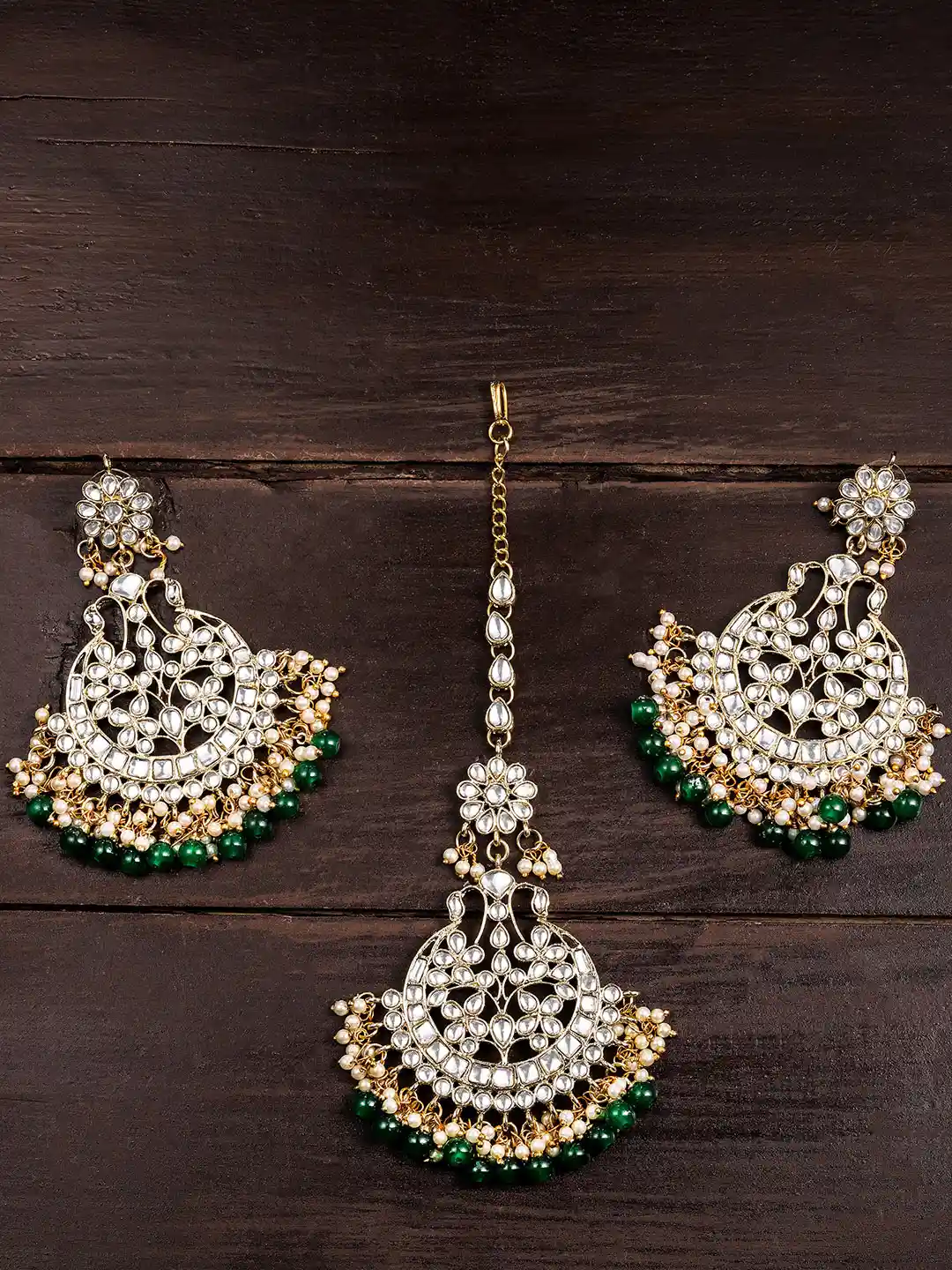 Buy Zaveri Pearls Gold Toned Green Set of Earrings Maangtikka