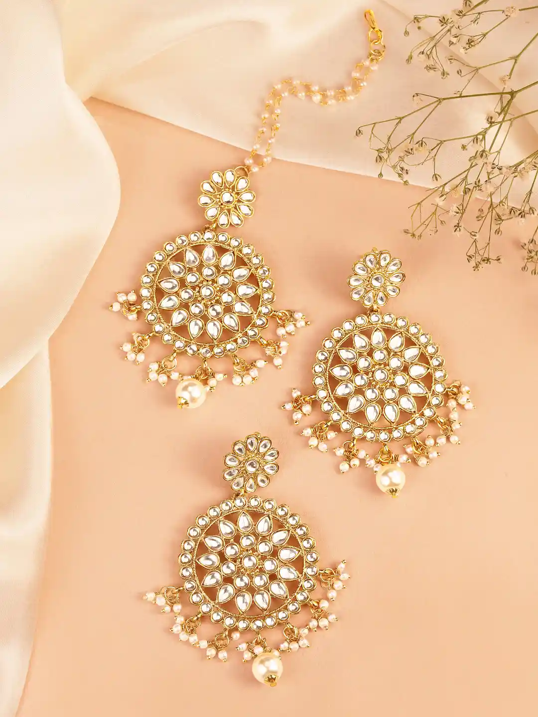 Peora Gold-Plated Traditional Kundan Pearl Earring with Maang Tikka  Jewellery Set