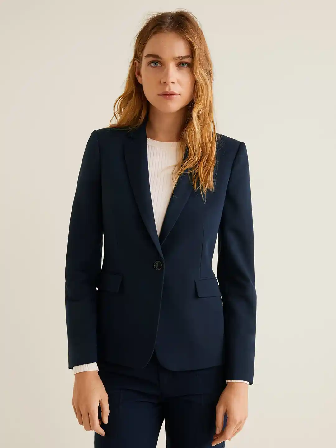 Buy MANGO Women Navy Blue Solid Single-Breasted Formal Blazer