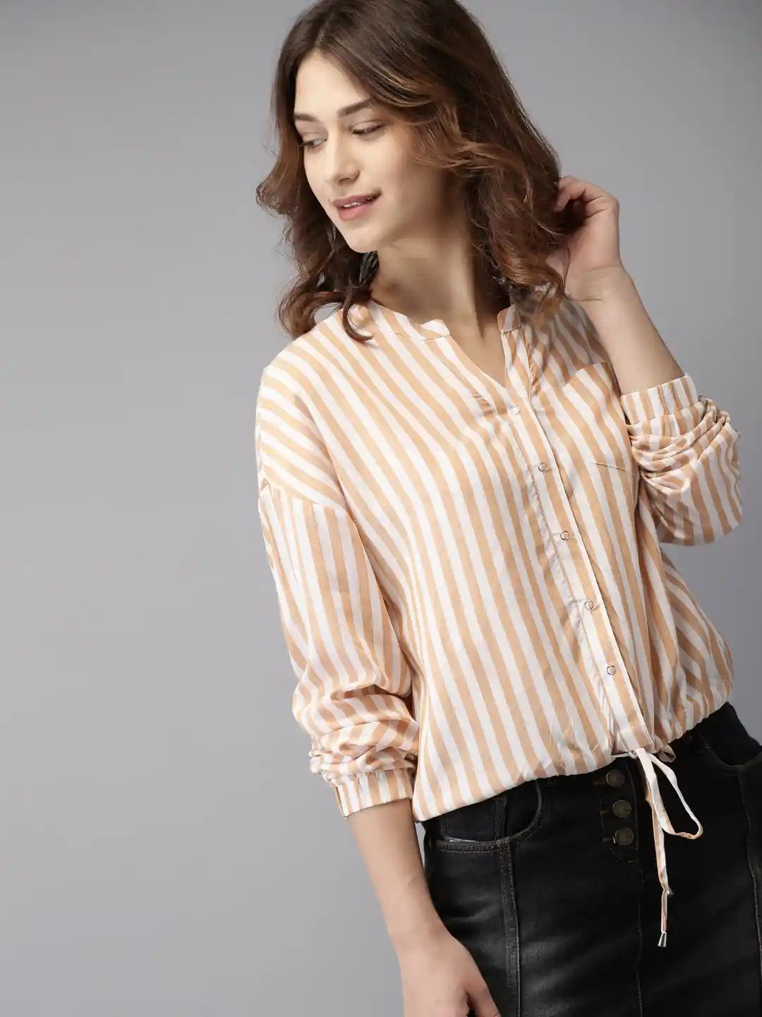 Buy HERE&NOW Women White Beige Striped Shirt Style Top Tops