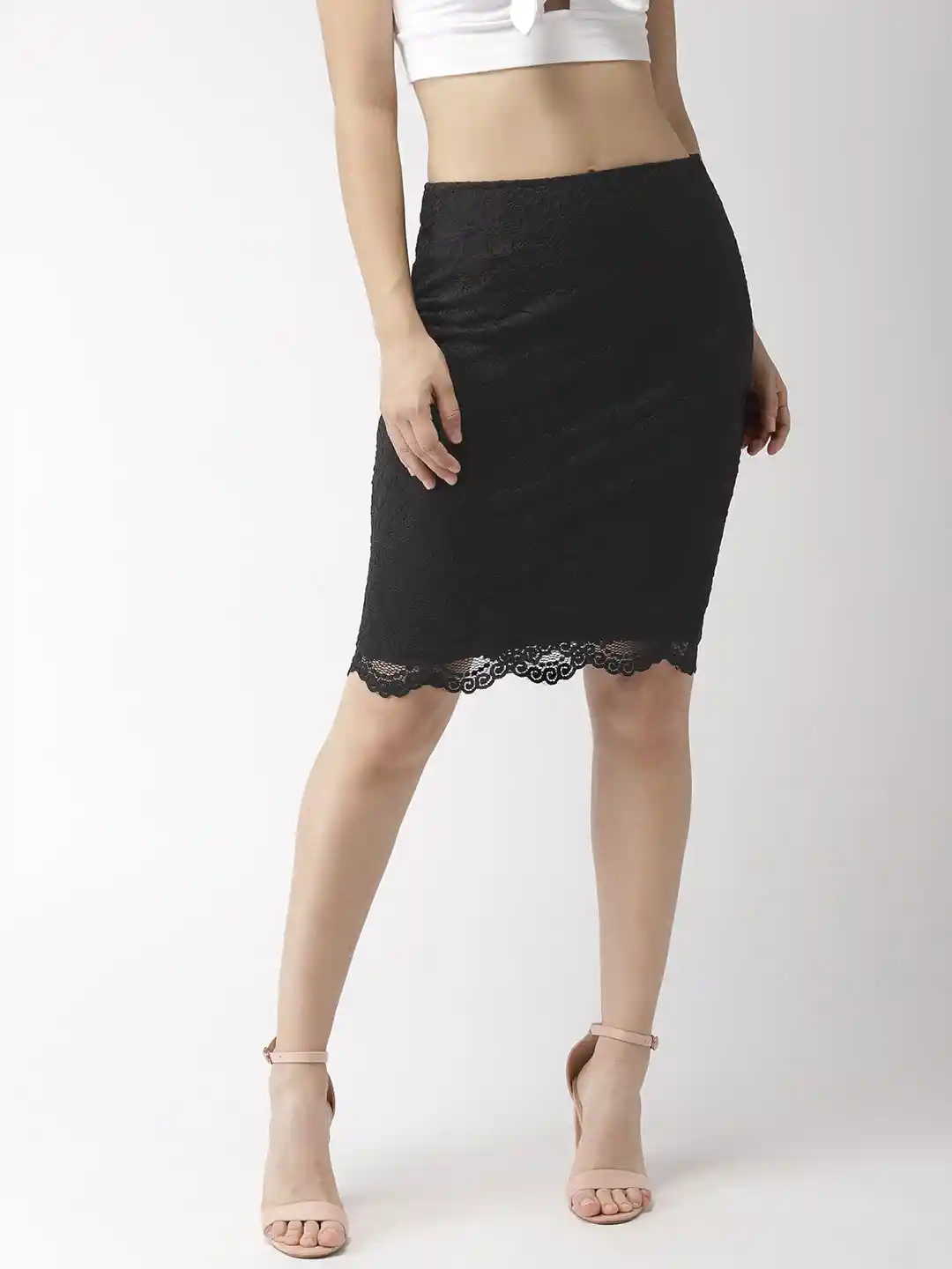Buy FOREVER 21 Women Black Self-Design Lace Pencil Skirt Skirts