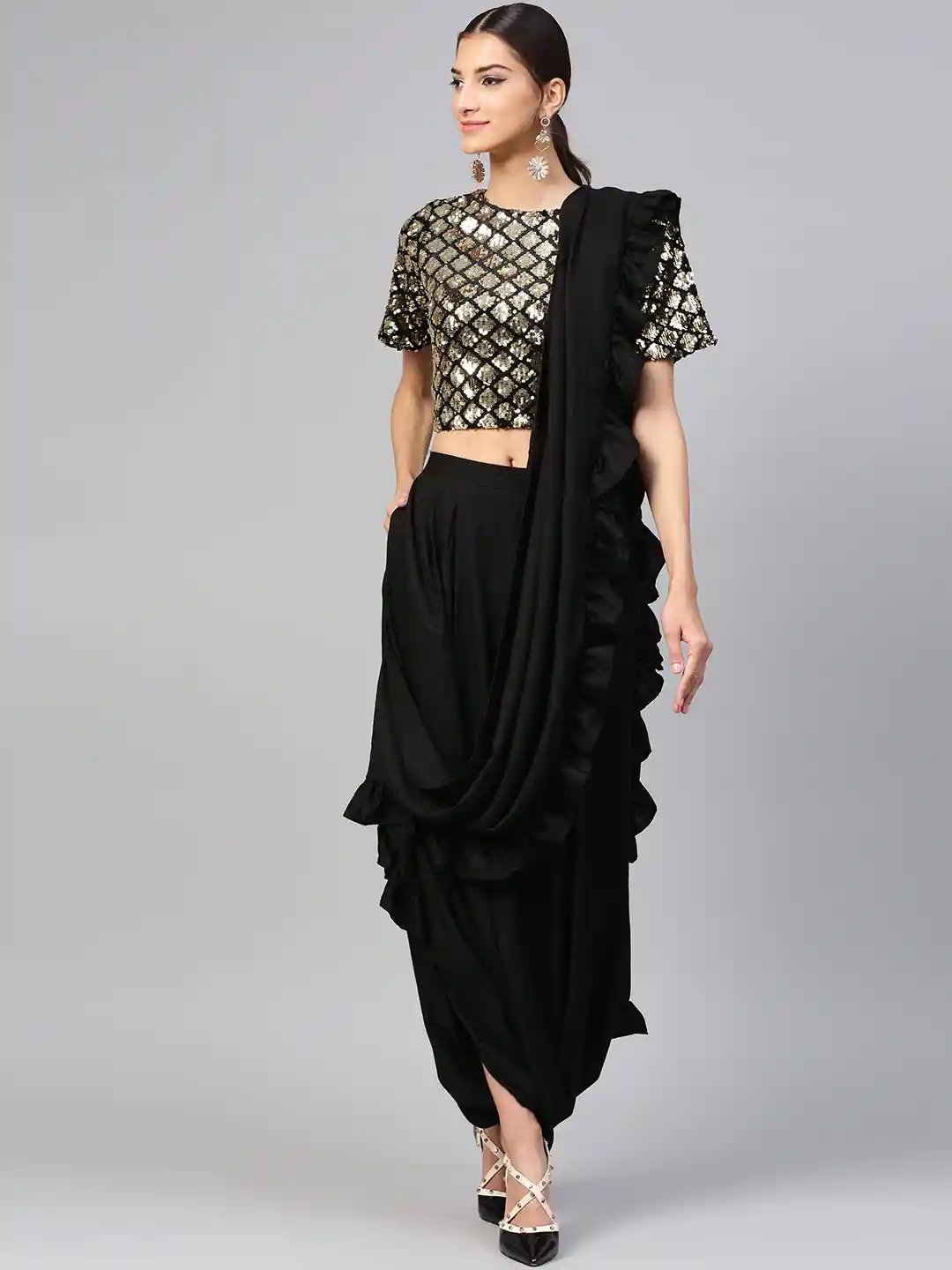 Buy Inddus Black Solid Ready to Wear Dhoti Saree Sarees for