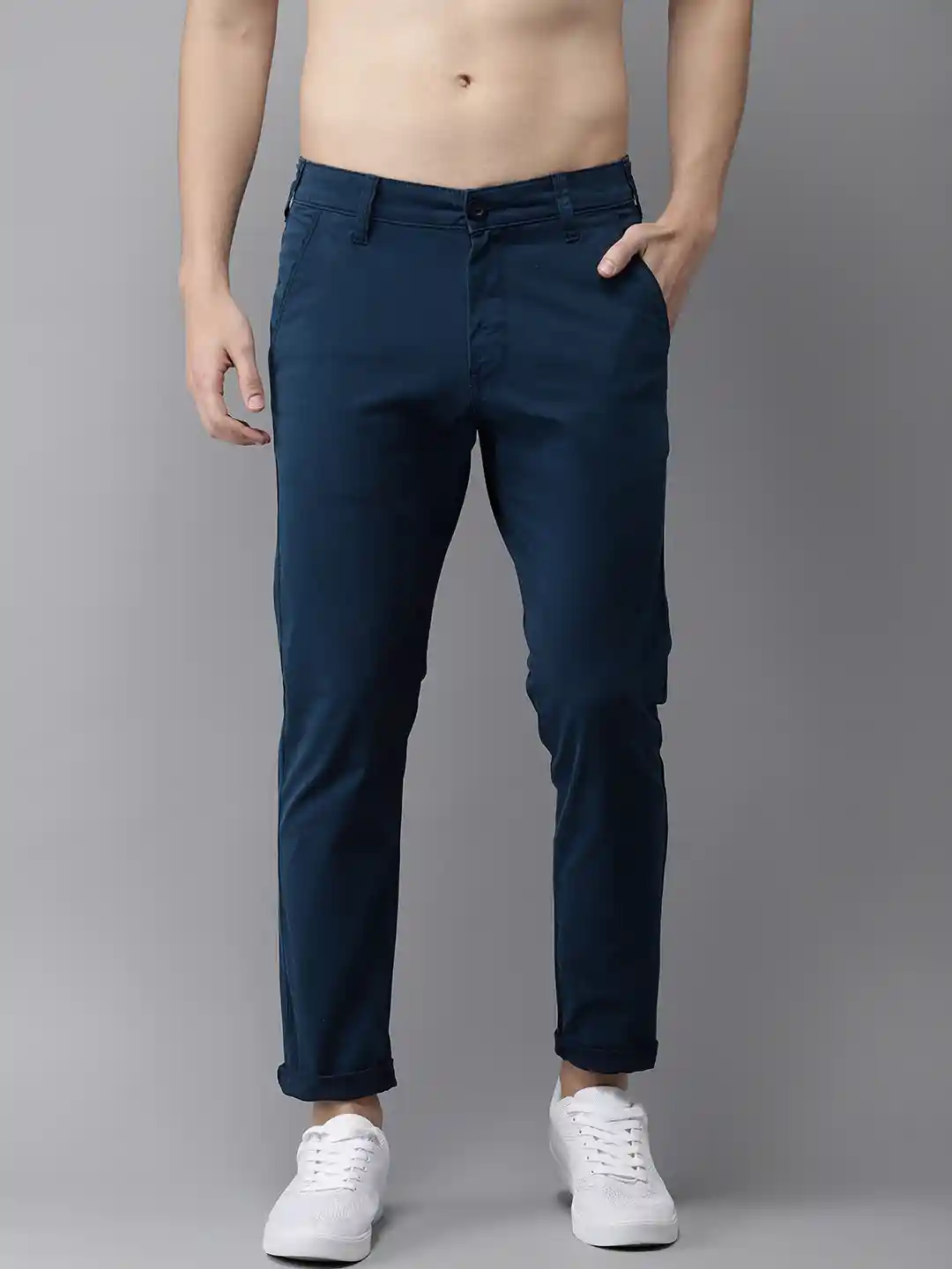 Buy HERE&NOW Men Navy Blue Slim Fit Solid Chinos Trousers for
