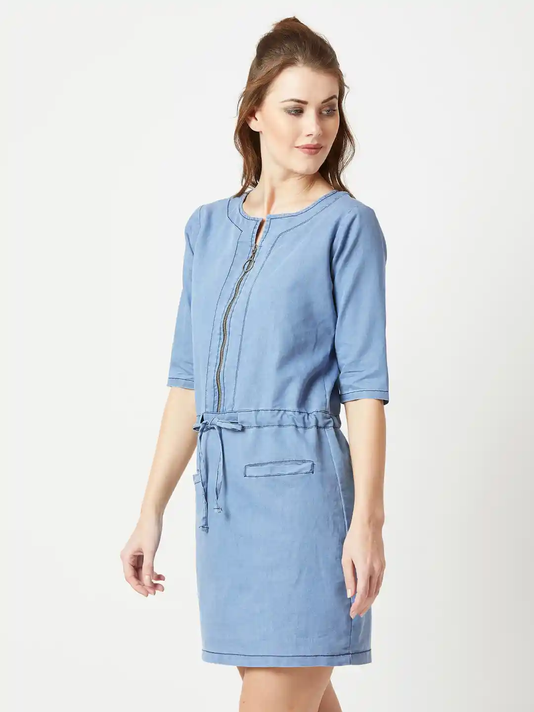 Buy Miss Chase Women's Light Blue Three-Fourth Sleeve Denim Solid