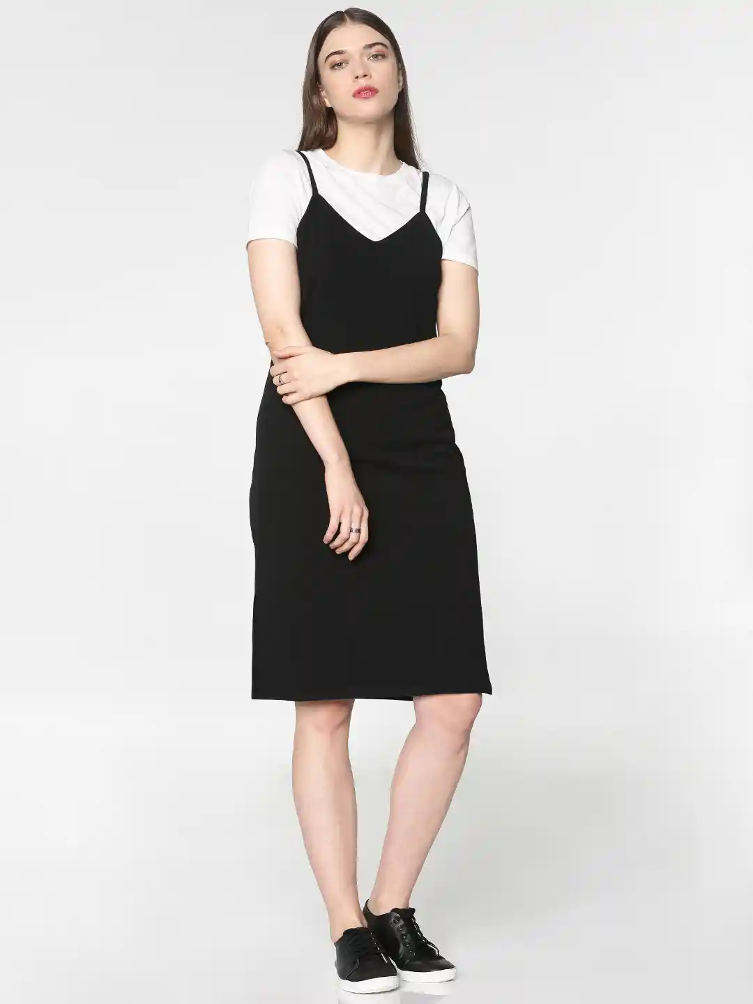 Buy ONLY Women Black White Solid Pinafore Dress With A T-shirt