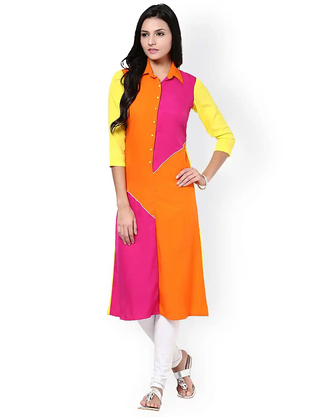 Buy La Firangi Orange Yellow Colour Block Kurta Kurtas for