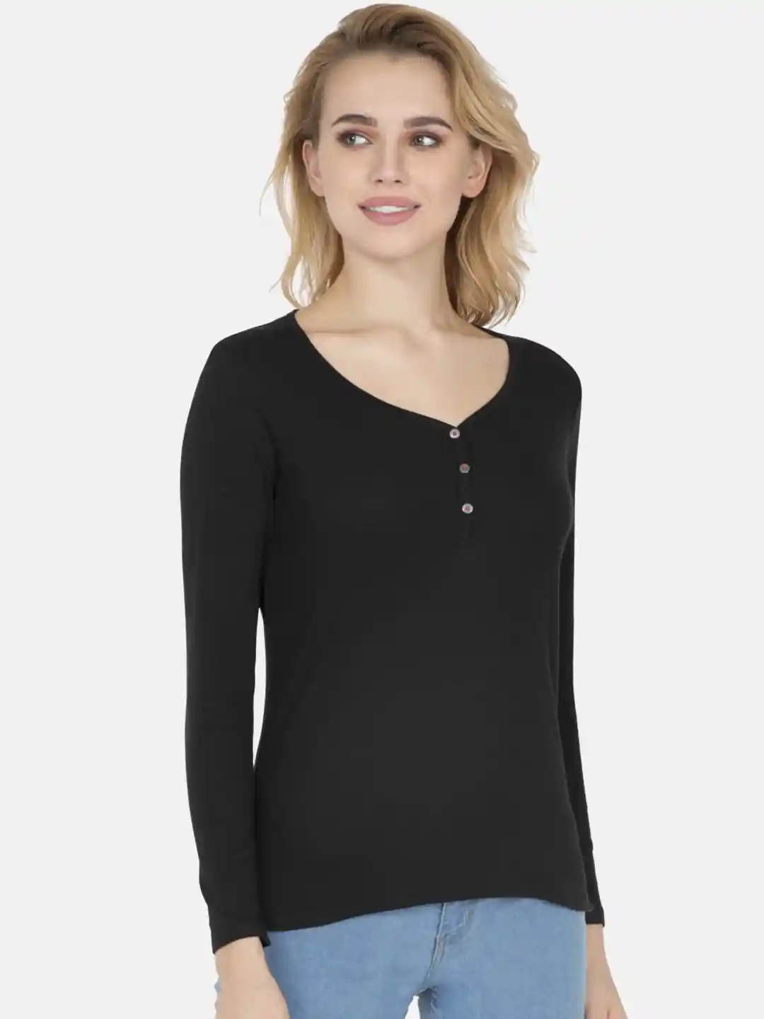 Buy Jockey Women Black Solid Henley Neck T-shirt Tshirts for