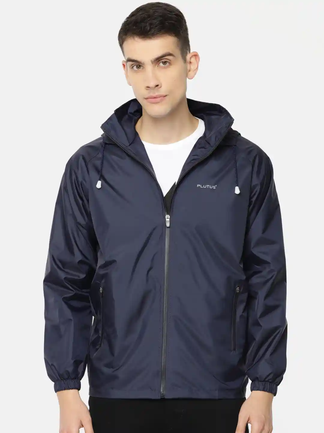 Plutus Men Navy Blue Lightweight Hooded Windcheater Jacket