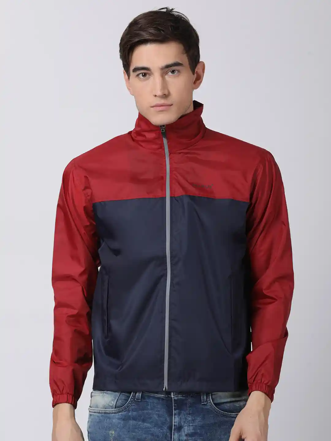 Buy Plutus Men Navy Blue Red Colourblocked Hooded Windcheater