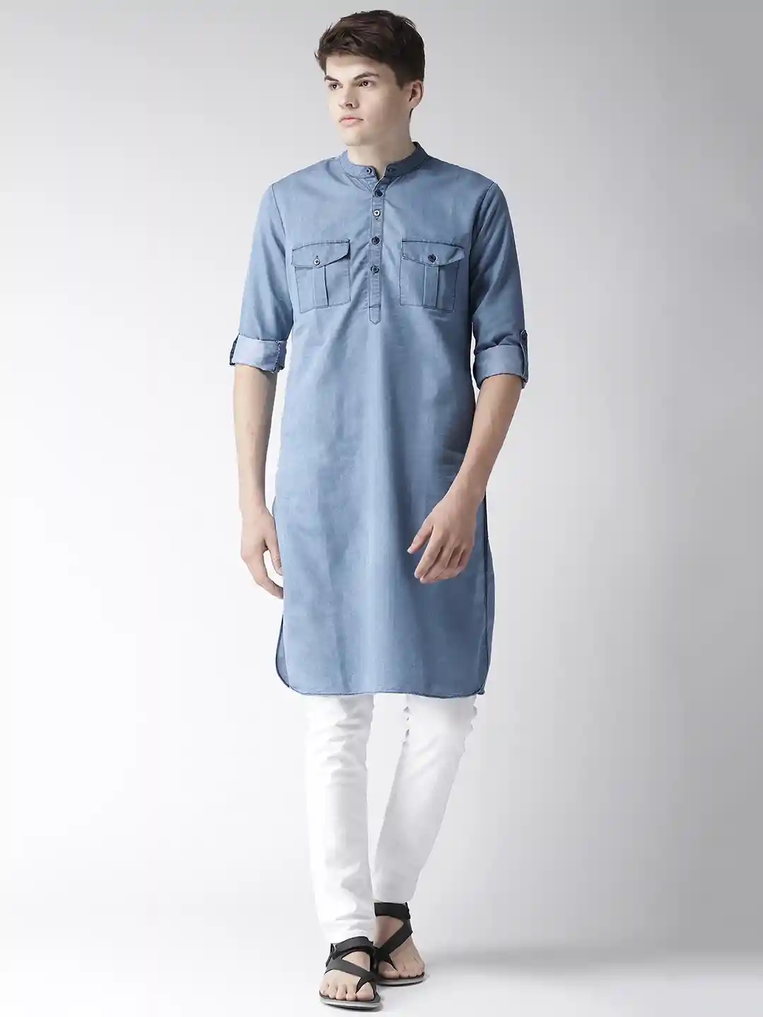 Buy Style Quotient Men Blue Solid Denim Pathani Kurta Kurtas for
