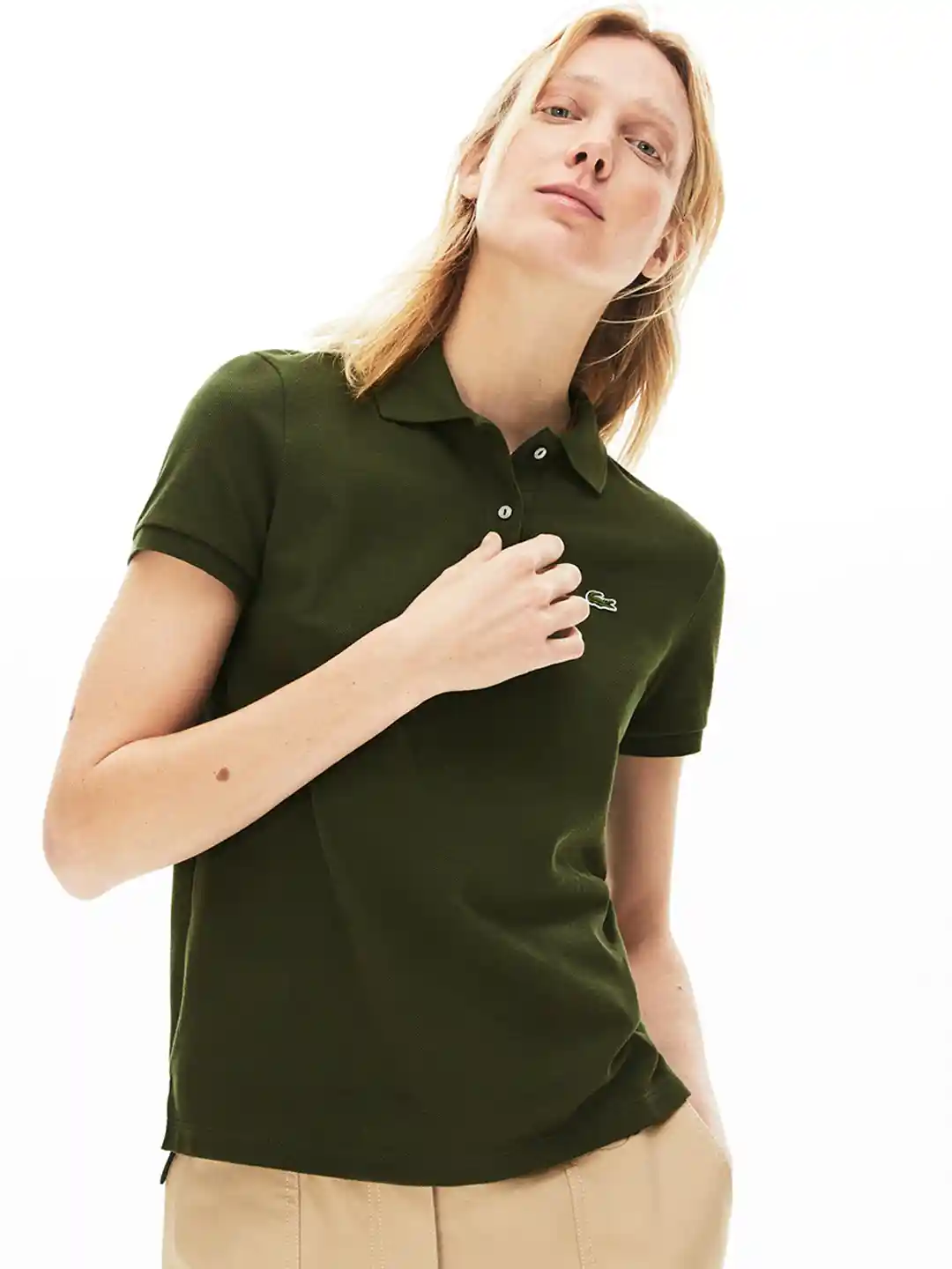 Buy Lacoste Women Olive Green Classic Fit Solid Polo Tshirts for