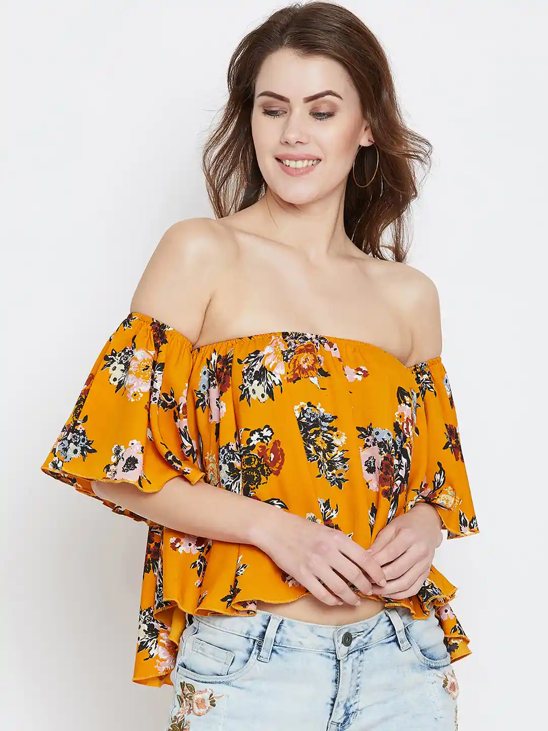Buy Berrylush Women Mustard Floral Printed Bardot Top Tops for