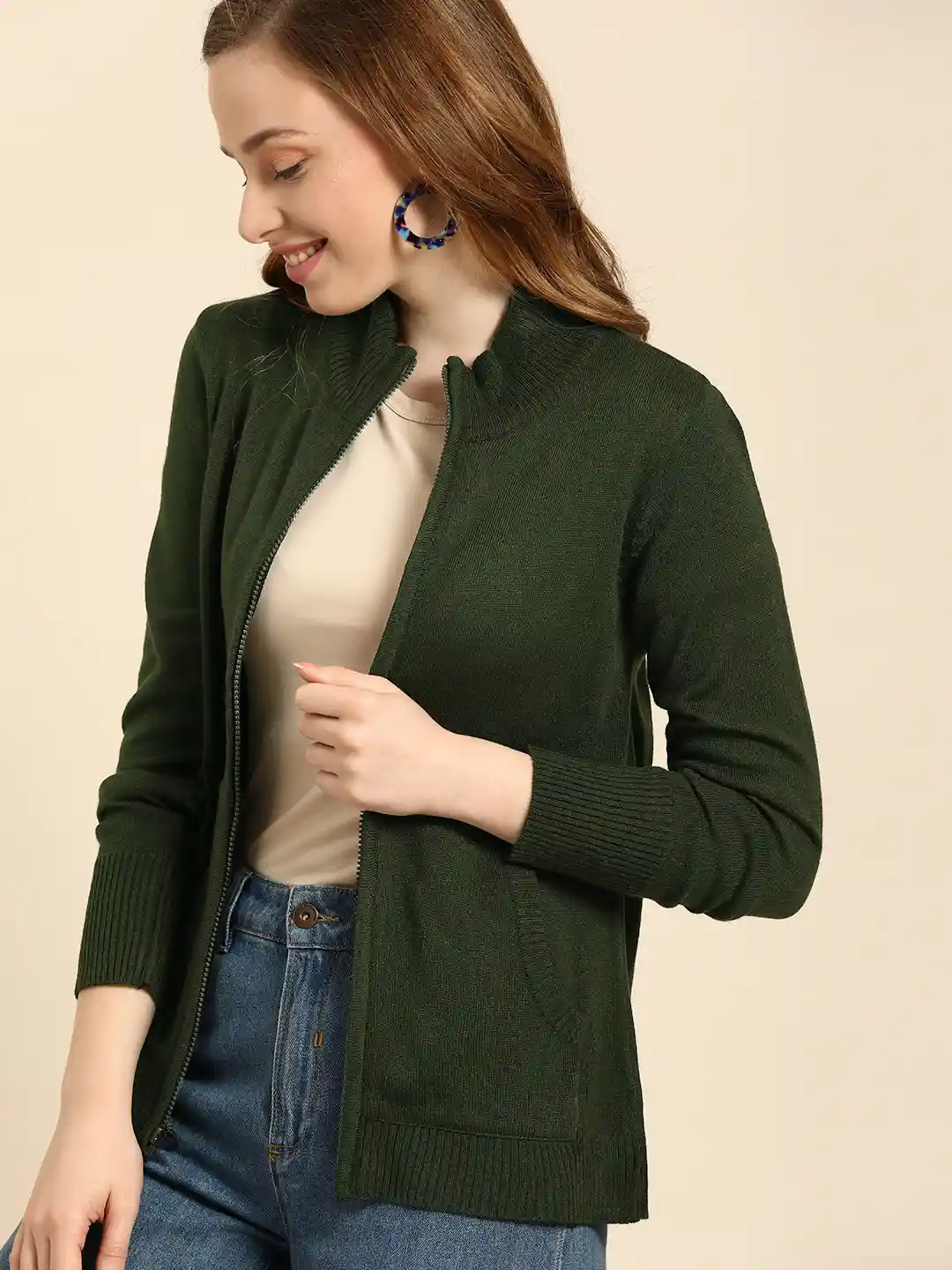 DressBerry Women Olive Green Solid Front-Open Sweater