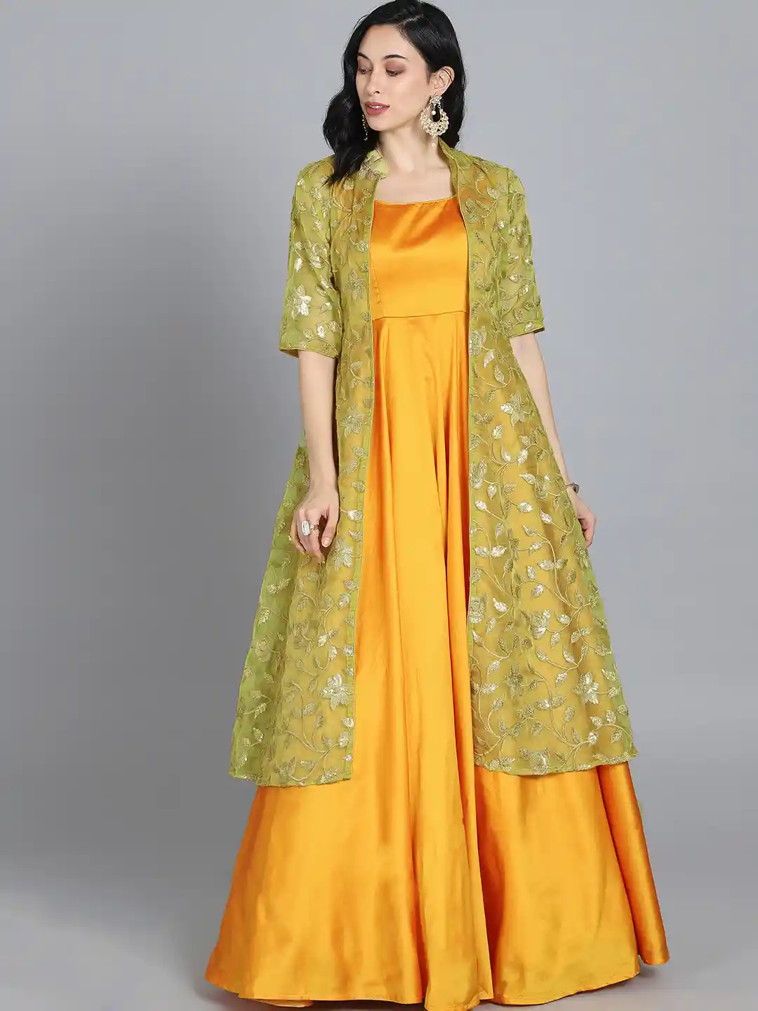 Buy Ethnovog Customised Women Green Jacket Style Gown Dresses