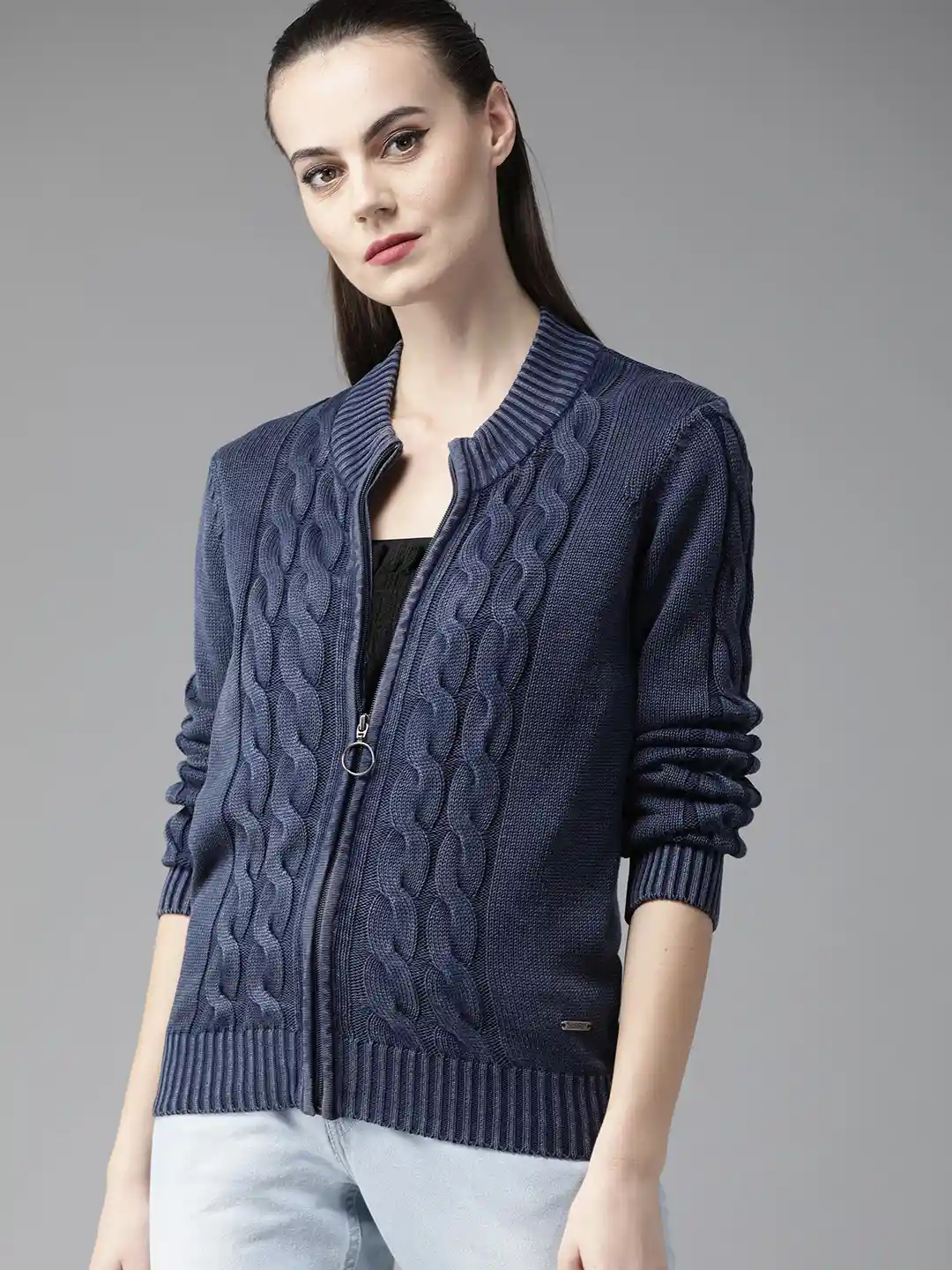 Buy The Roadster Lifestyle Co Women Navy Blue Self Design Cardigan