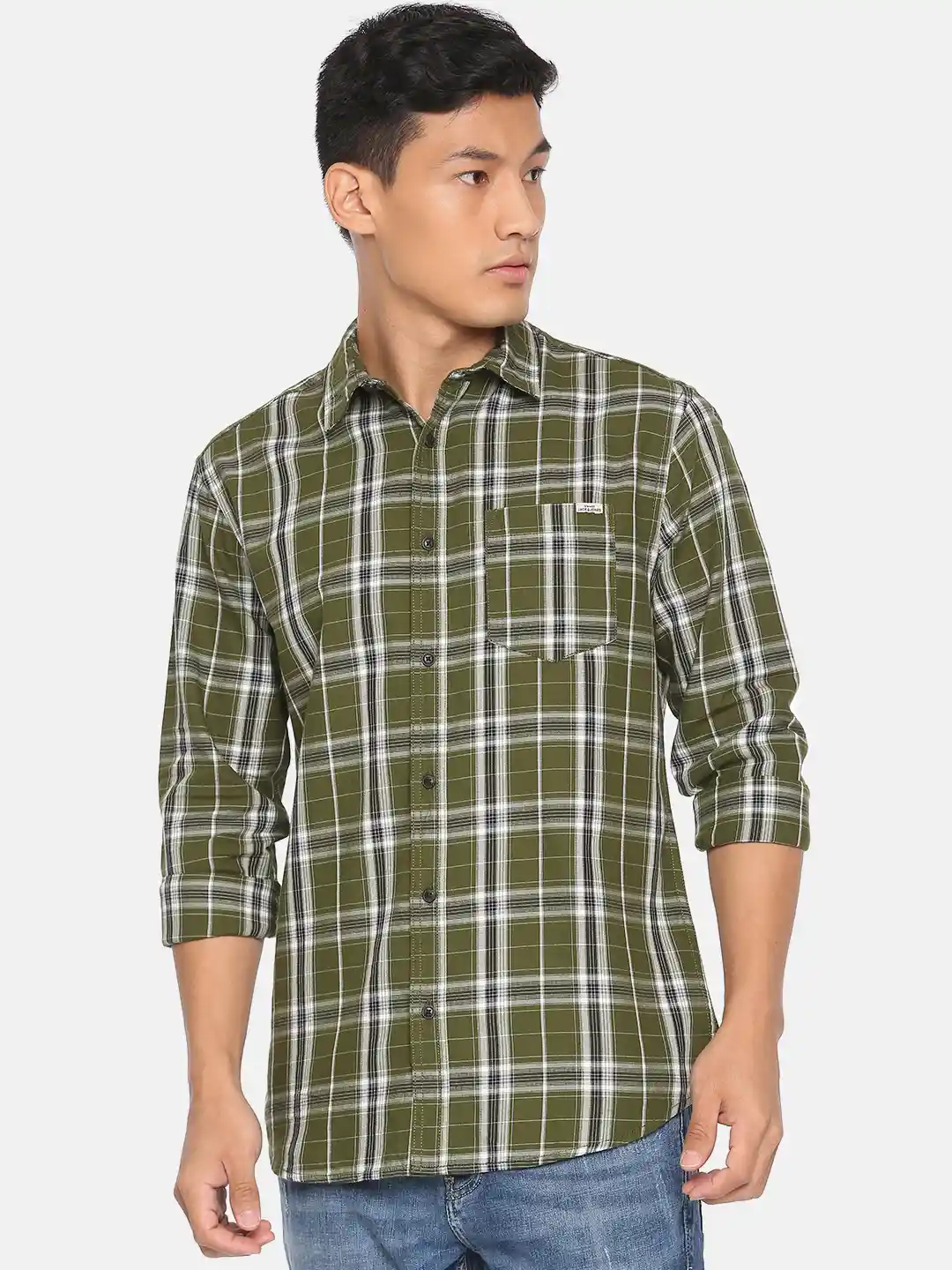 Buy Jack Jones Men Olive Green White Slim Fit Checked Casual