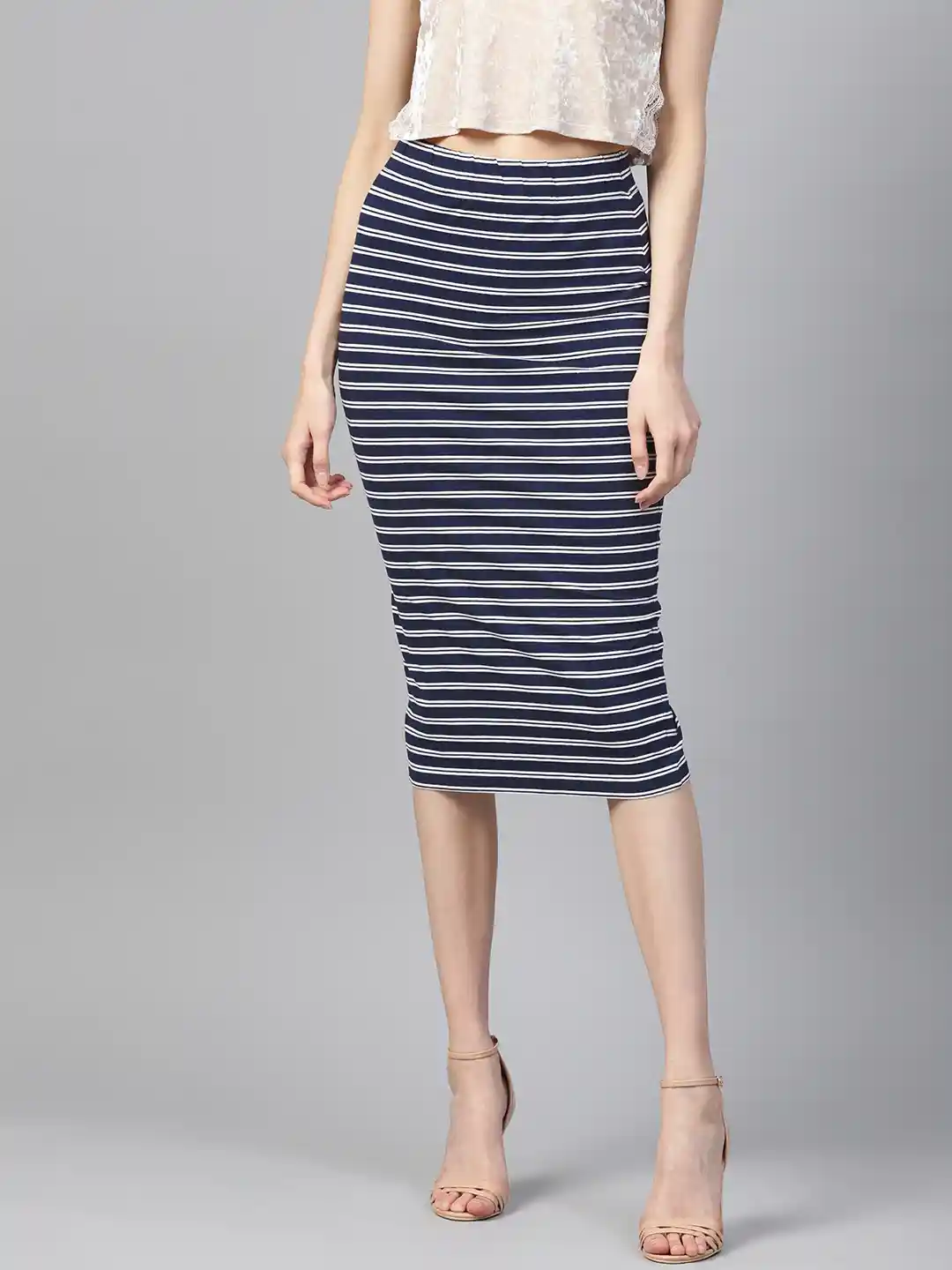 Buy SASSAFRAS Women Navy Blue White Striped Pencil Skirt