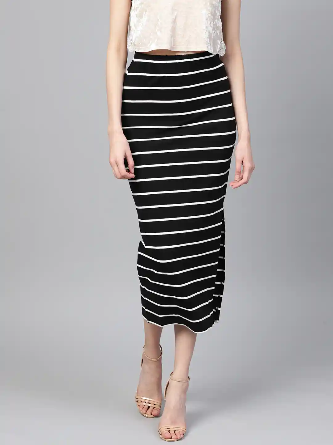 Buy SASSAFRAS Black White Striped Pencil Skirt Skirts for