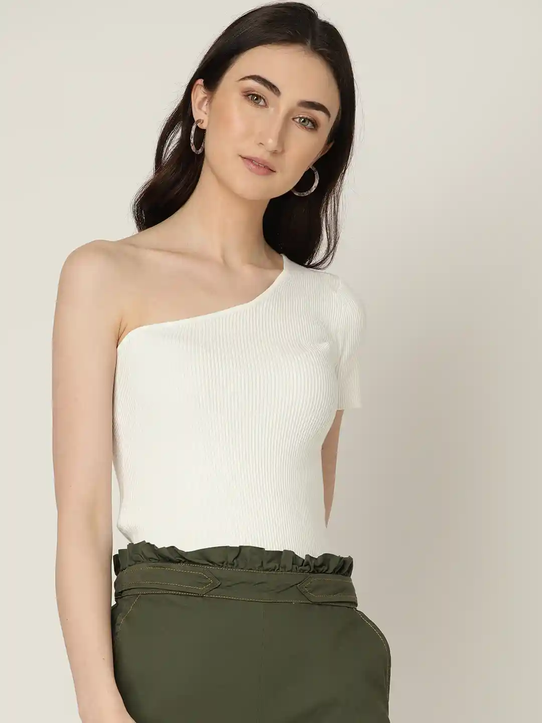 Buy MANGO Women White Striped One Shoulder Fitted Top Tops for