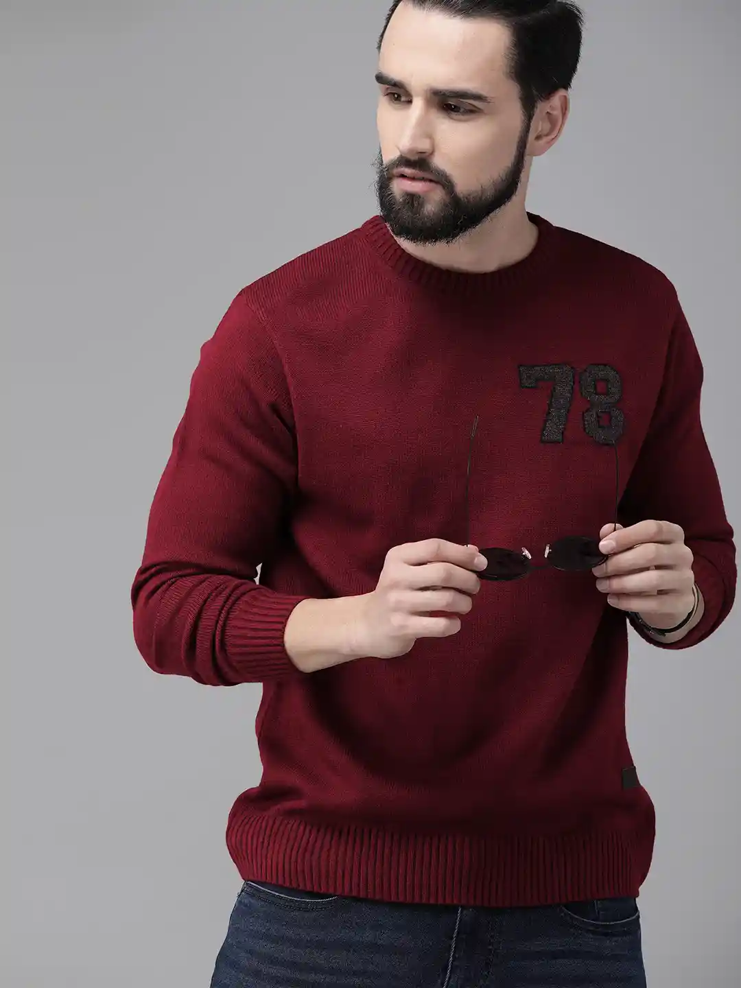 Buy The Roadster Lifestyle Co Men Maroon Solid Pullover Sweater