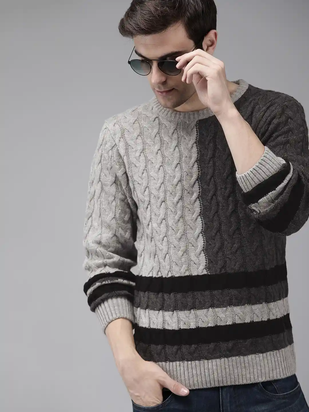 Buy The Roadster Lifestyle Co Men Grey Black Self Design Sweater