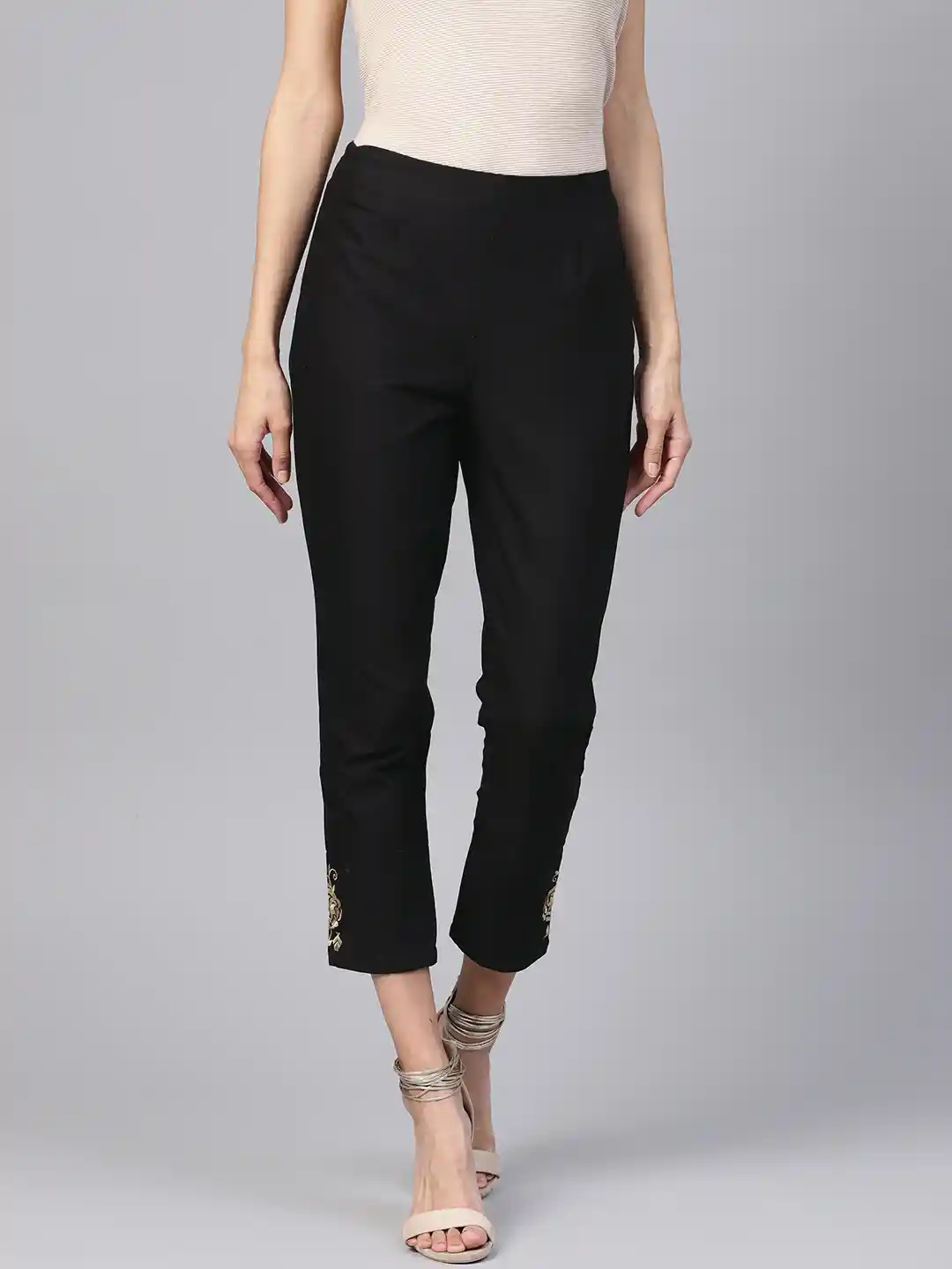 PINKSKY Women Black Smart Slim Fit Solid Regular Cropped Trousers