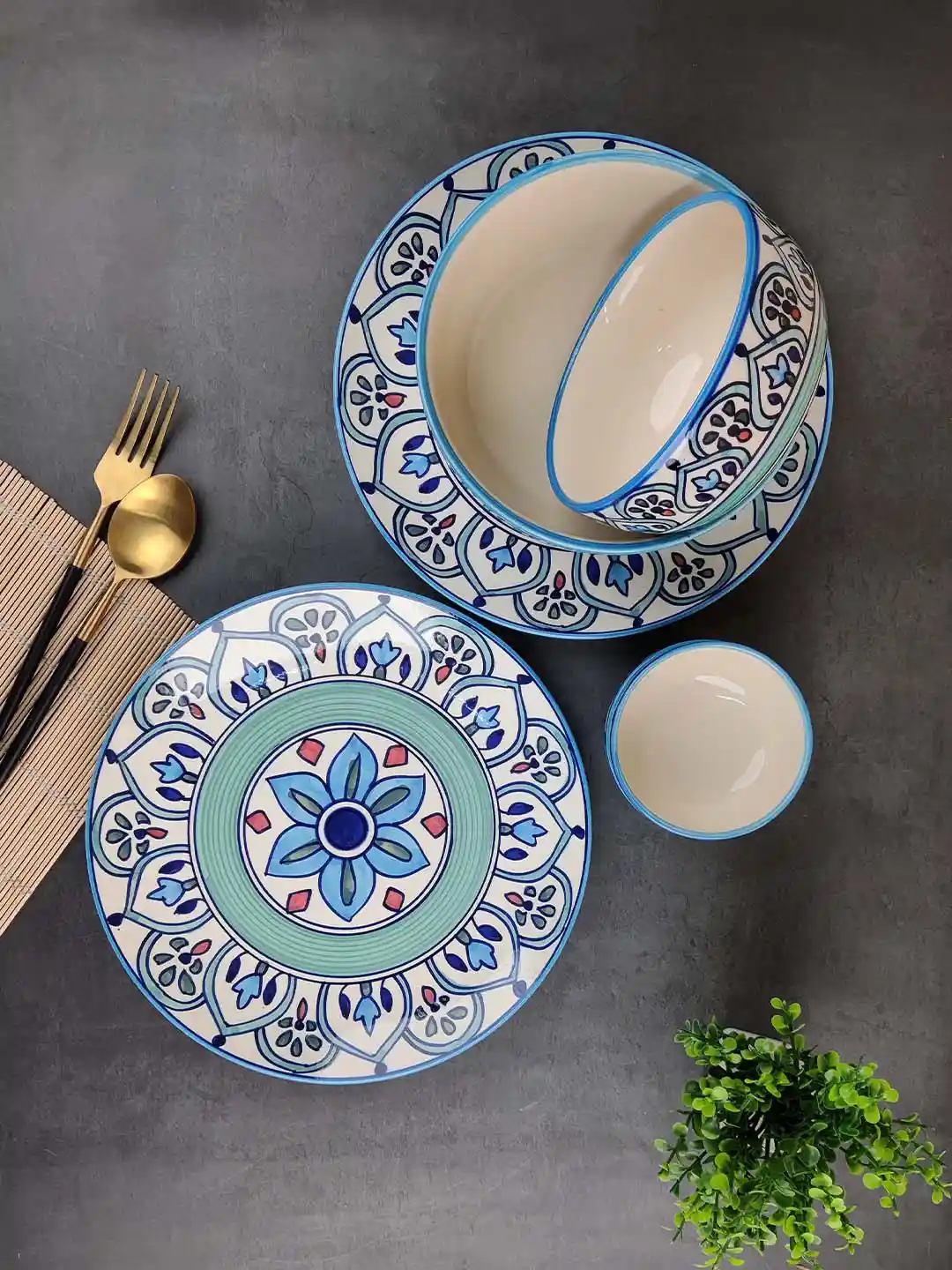 Blue Unique Serving Plates Set Of Ceramic Bowl With Serving Tray