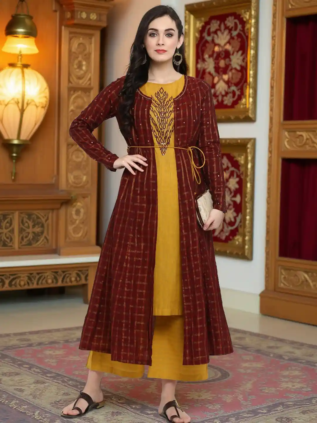 Buy Pannkh Women Mustard Yellow Maroon Checked Layered Kurta