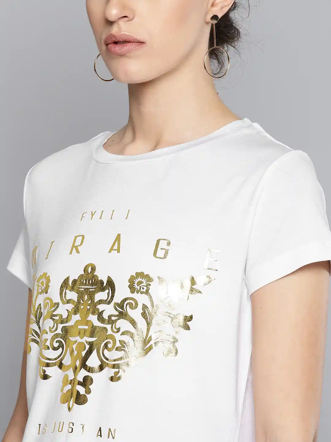 Buy STREET 9 Women White & Golden Printed Round Neck T-shirt Buy STREET 9 Women White & Golden Printed Round Neck T-shirt