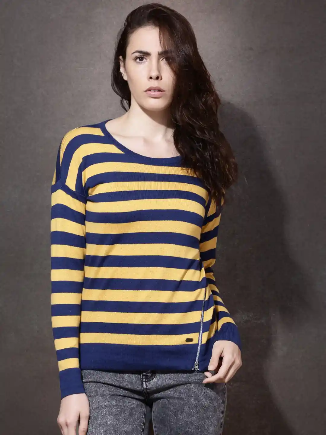 Buy Roadster Navy Mustard Yellow Striped Sweater Sweaters for
