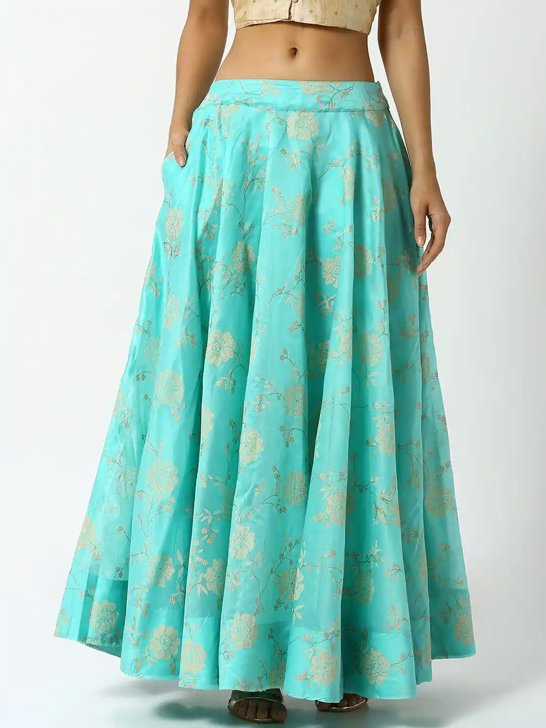 Buy De Moza Women Turquoise Blue Gold-Toned Self-Design Flared